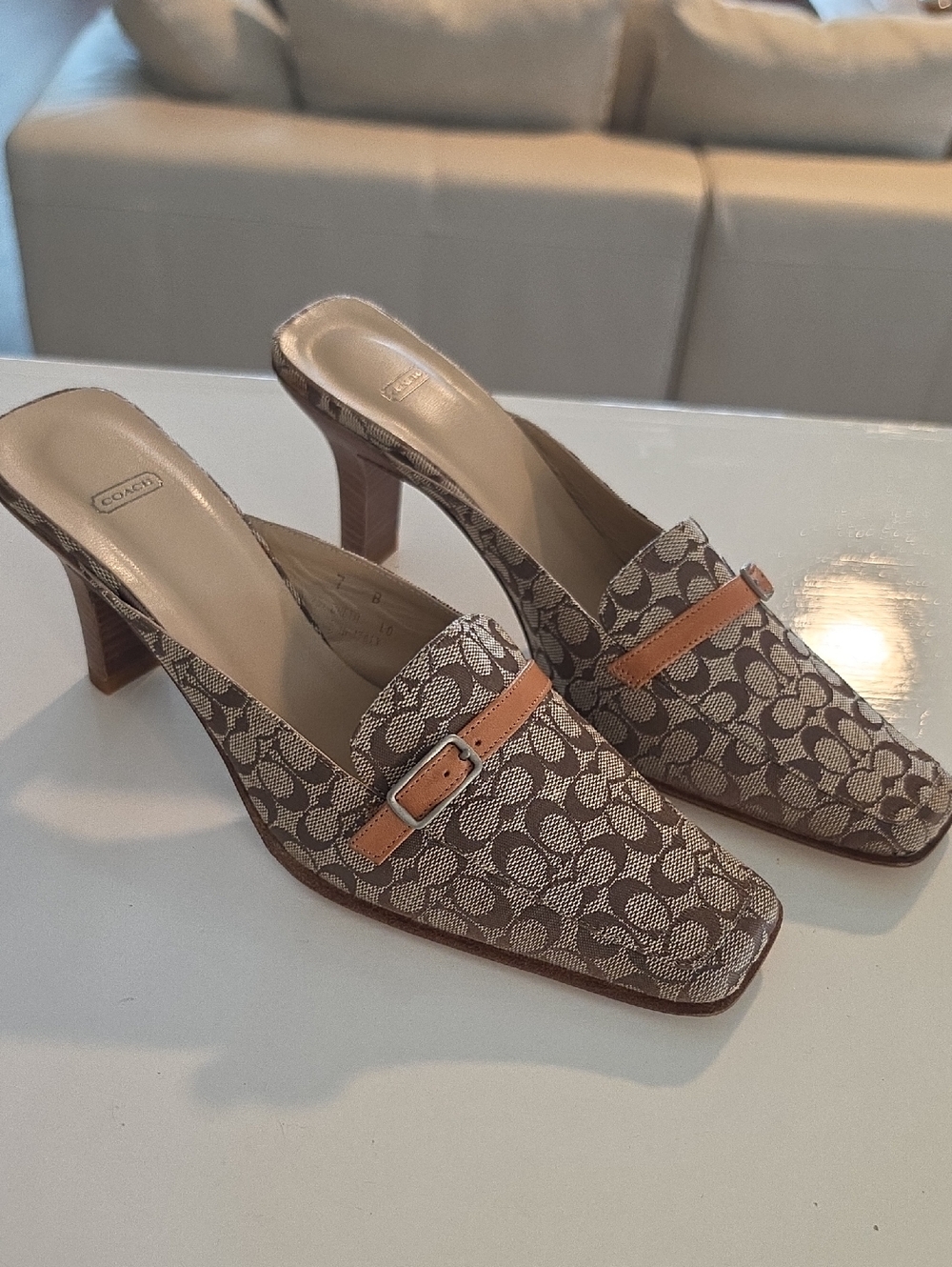 Coach Monogram Canvas Mule Heels with Tan Leather Strap